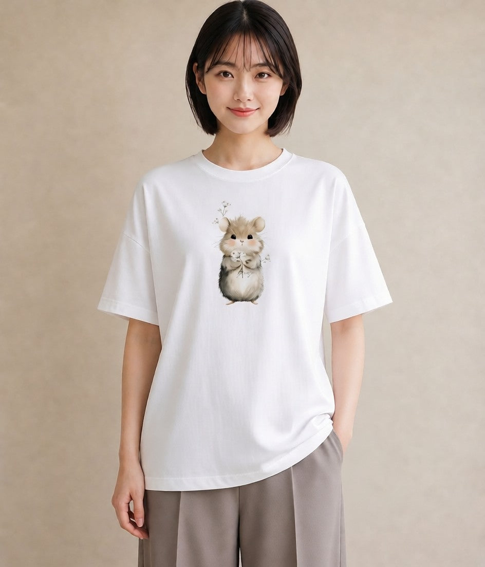 デザインTシャツ レディース ジャンガリアンハムスター ペット 動物 イラスト シック 海 カフェ巡り 白T YMAZO