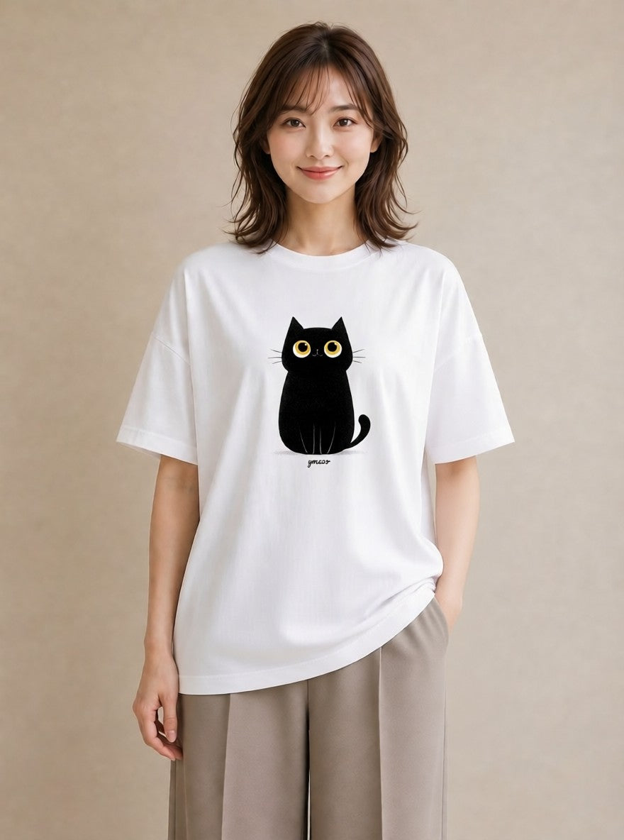 グラフィックTシャツ レディース 黒猫 猫 ねこ イラスト 上品 クリスマス 旅行 白T YMAZO