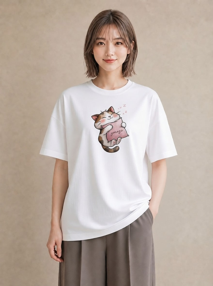 プリントTシャツ レディース ニャンコ 猫 ねこ イラスト シンプル 自分用 ルームウェア 白T YMAZO