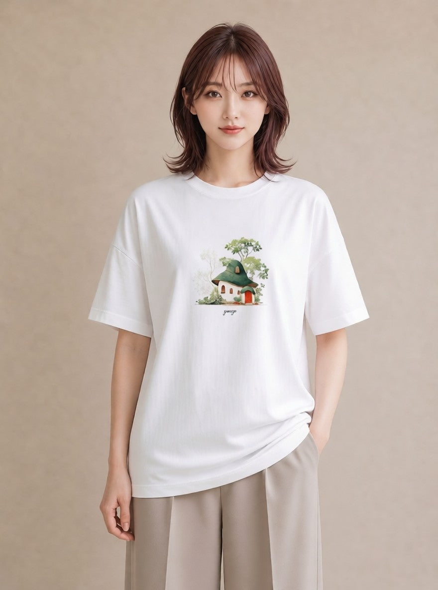 半袖Tシャツ レディース 遠い家と鳥 風景 鳥 ナチュラル アンティーク イラスト カフェコーデ 部屋着 女性向けギフト 白T YMAZO