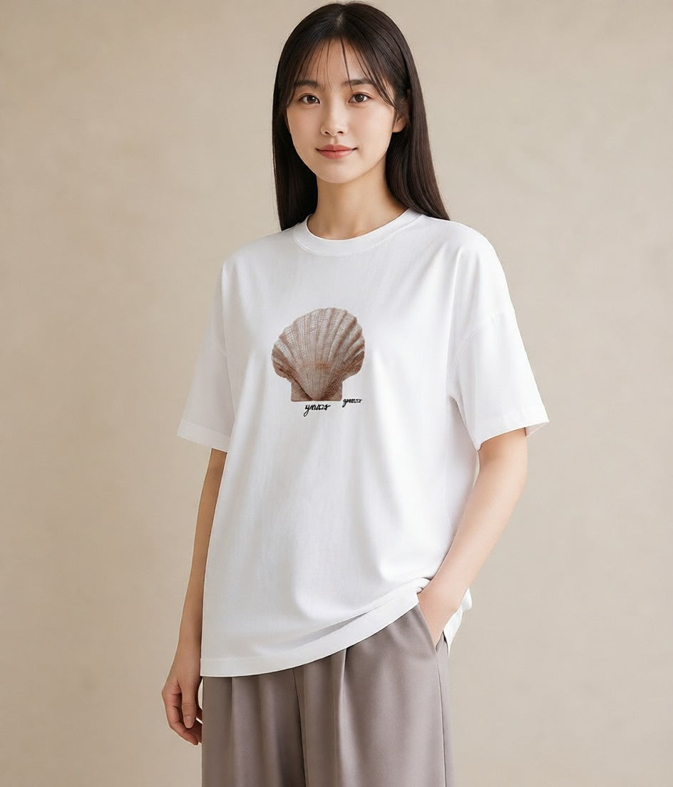 プリントTシャツ レディース 貝 海の生き物 海 イラスト 韓国風 女性 旅行用 白T YMAZO