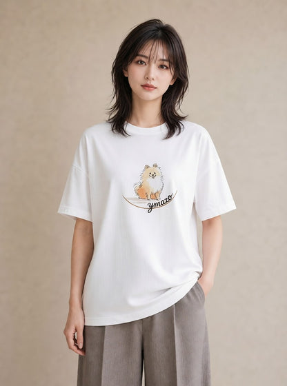 デザインTシャツ レディース ポメラニアン ポメ 犬 いぬ イラスト ミニマル 20代 カジュアルコーデ 白T YMAZO