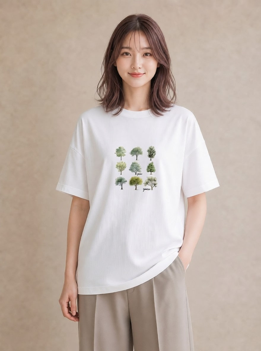 Tシャツ レディース 木 植物 ボタニカル イラスト カフェコーデ 在宅 公園 白T YMAZO