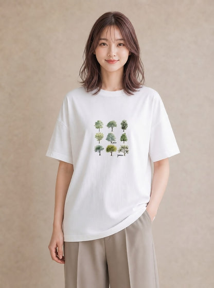 Tシャツ レディース 木 植物 ボタニカル イラスト カフェコーデ 在宅 公園 白T YMAZO