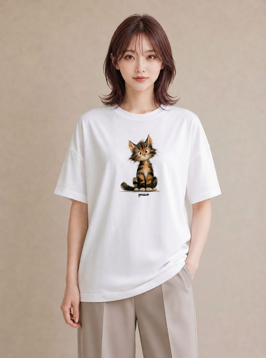 半袖Tシャツ レディース ぶち猫 猫 ねこ イラスト カフェコーデ 公園 ママ 白T YMAZO