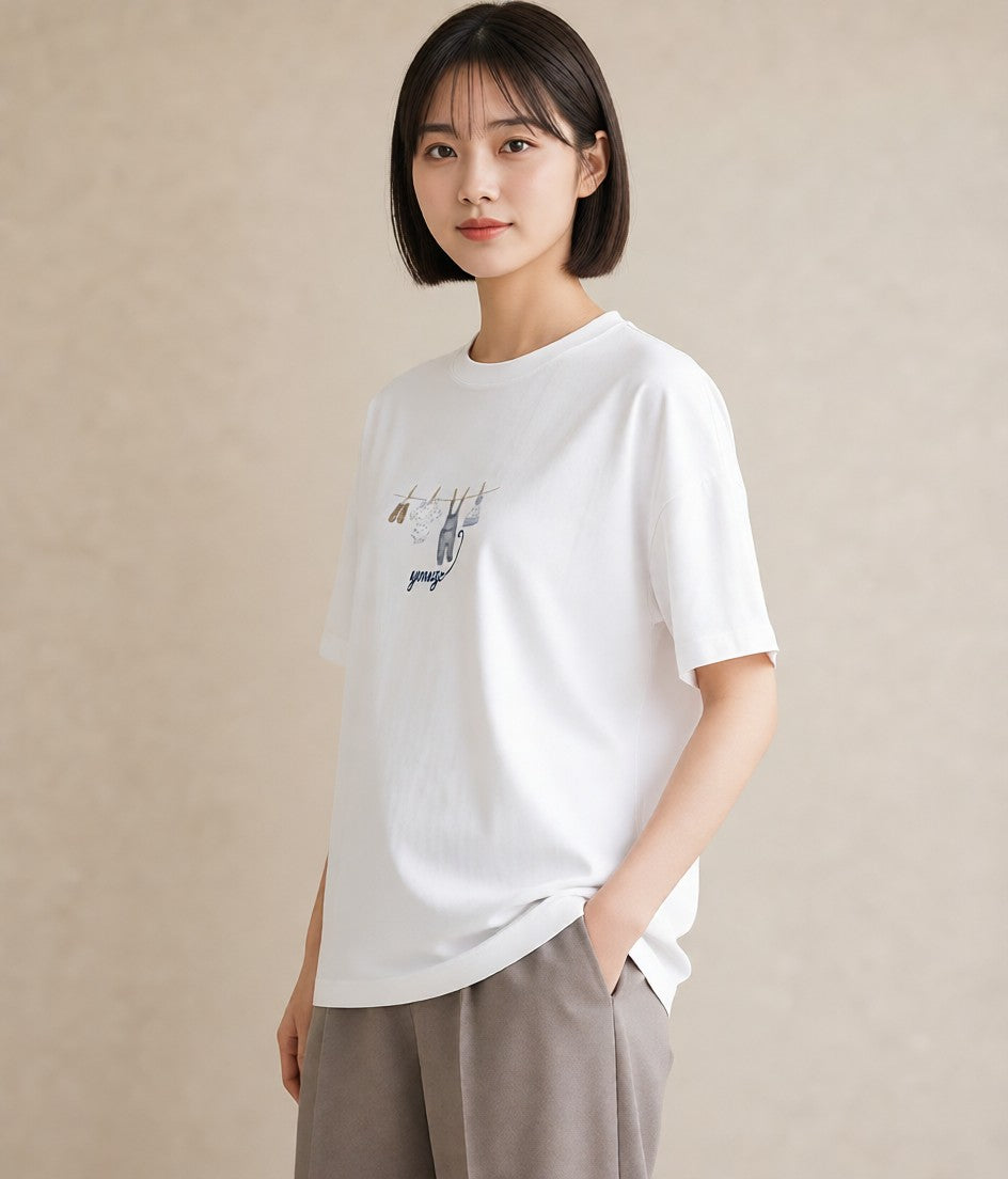 半袖Tシャツ レディース 洗濯物 風 ナチュラル アンティーク イラスト お洒落 レイヤード 友達ギフト 白T YMAZO