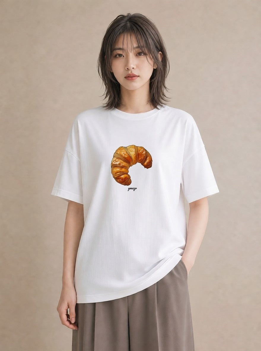 デザインTシャツ レディース クロワッサン 食べ物 フード イラスト 線画 ギフト 母の日 白T YMAZO