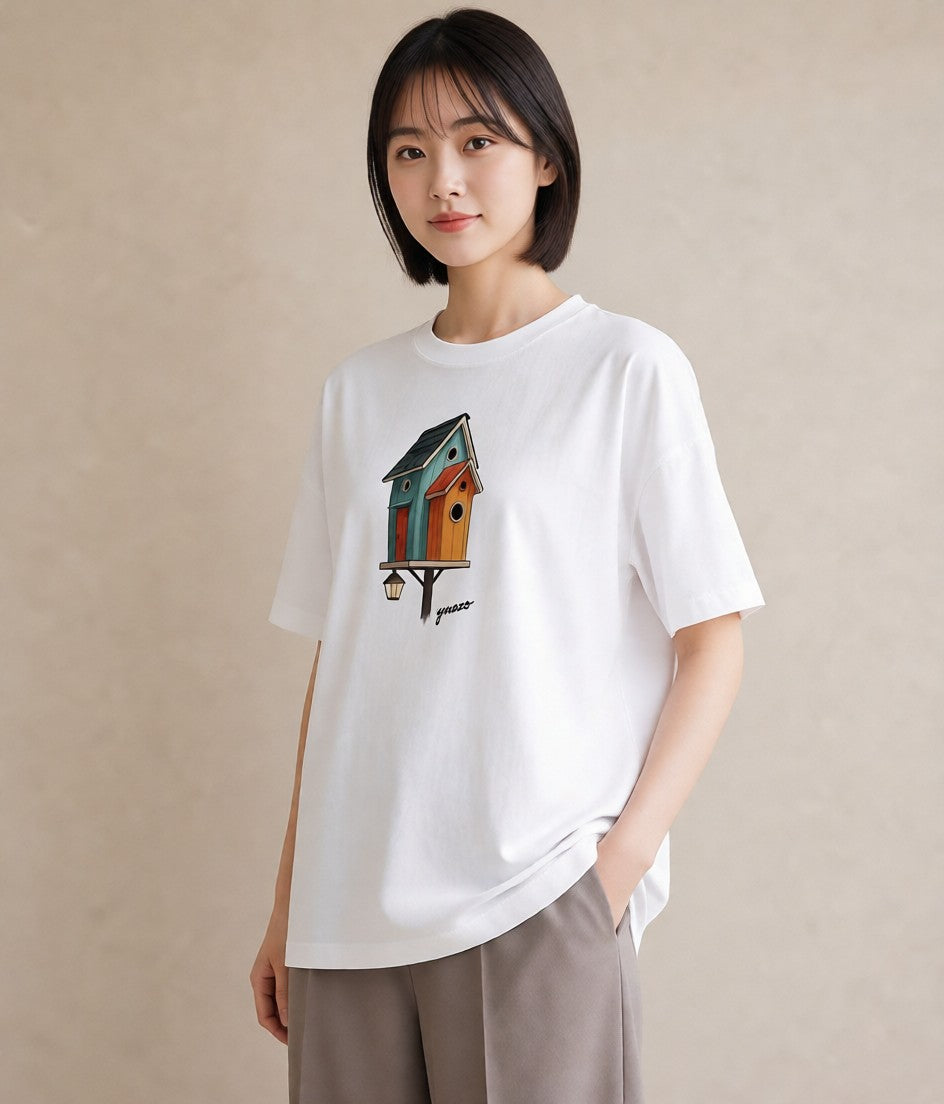 プリントTシャツ レディース 遠い家と鳥 風景 鳥 ナチュラル アンティーク イラスト ポップ デイリーウェア 休日 白T YMAZO