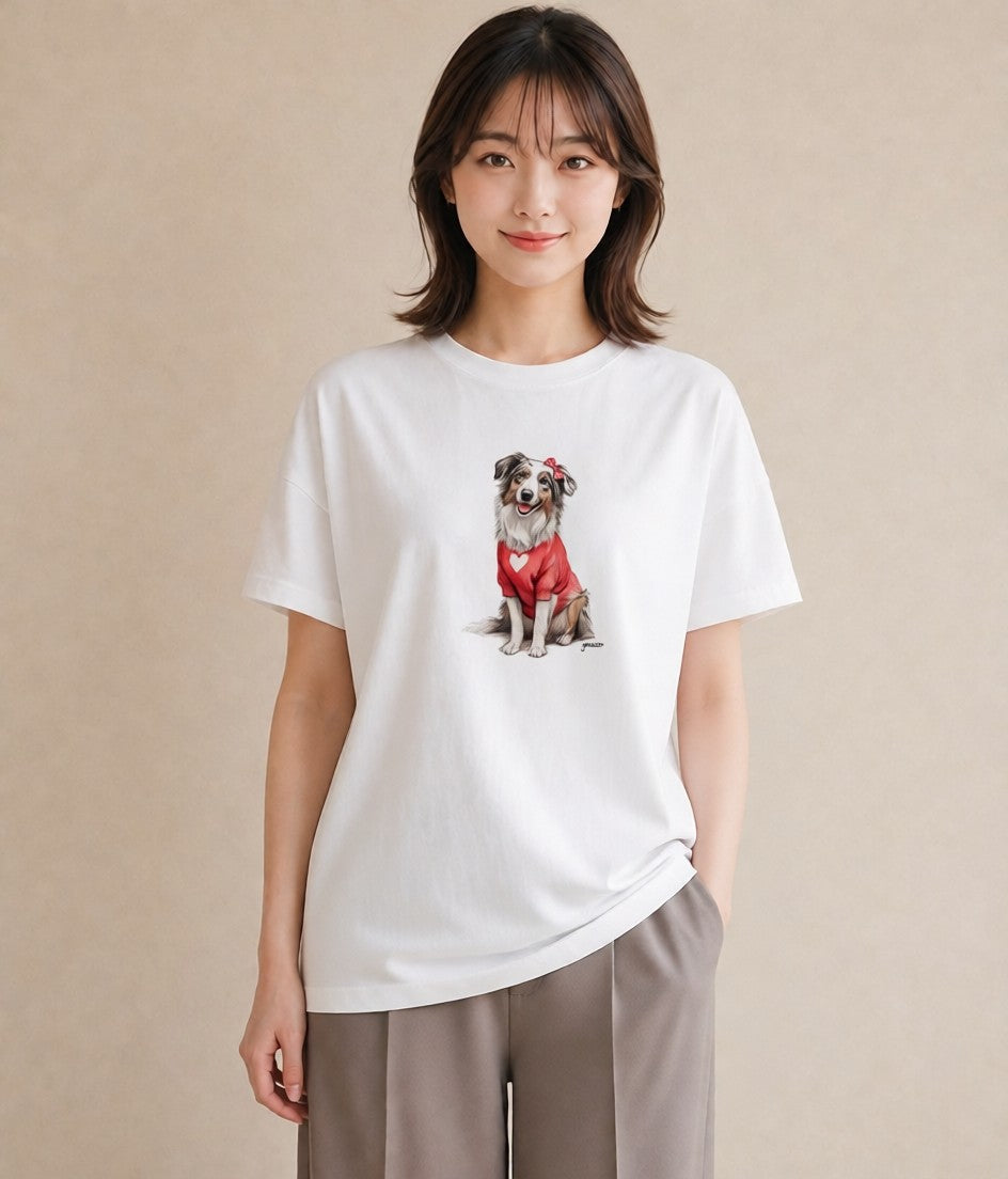 Tシャツ レディース ボーダーコリー 犬 いぬ イラスト ラフ 在宅 公園 白T YMAZO