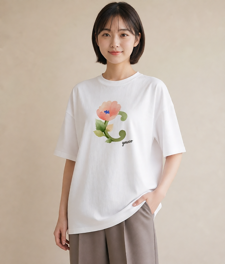 プリントTシャツ レディース パンジー 花 花柄 イラスト アート風 普段着 週末コーデ 白T