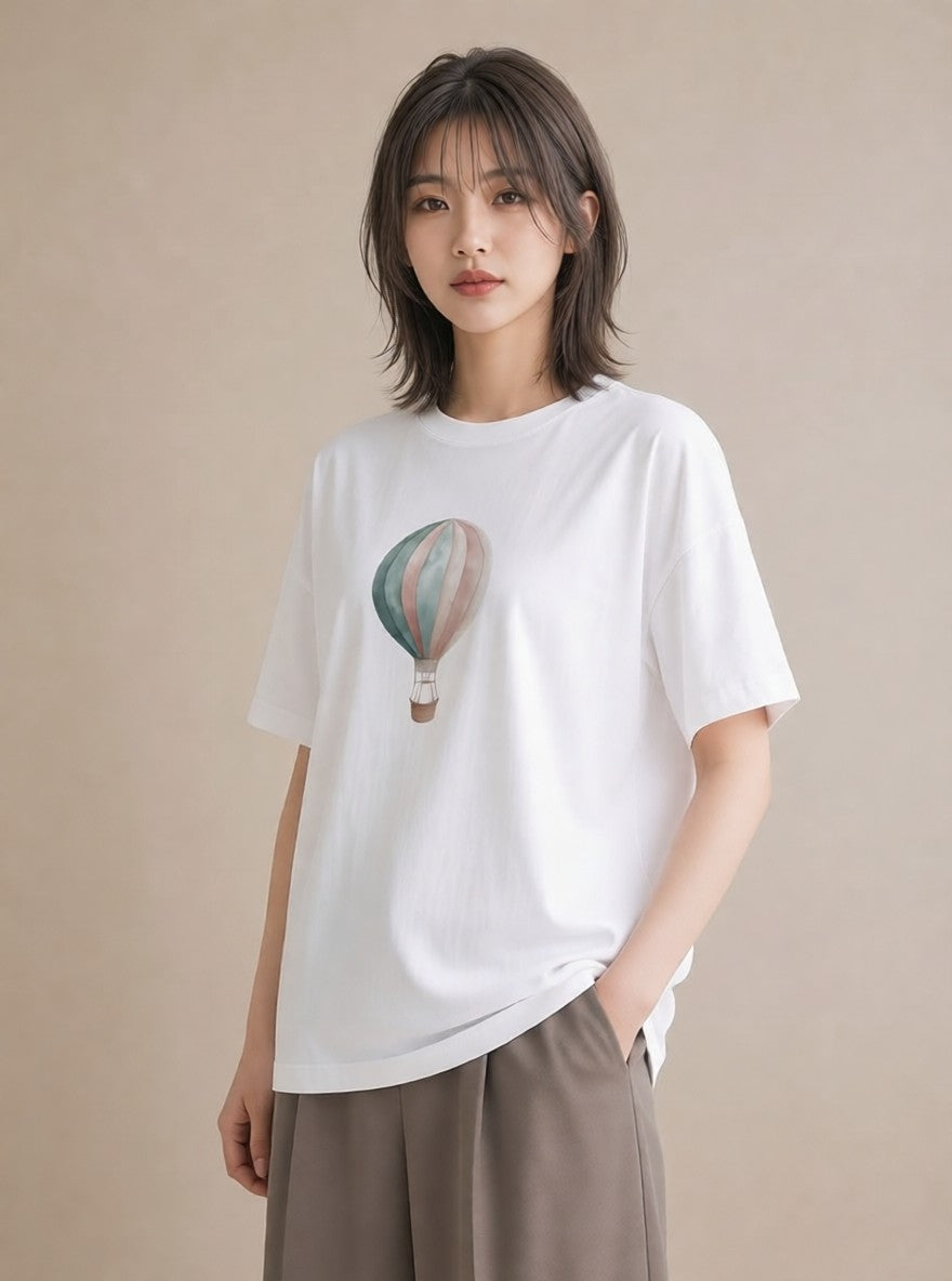 Tシャツ レディース 気球 星空 宇宙 イラスト ミニマル カフェ服 クリスマス 白T YMAZO