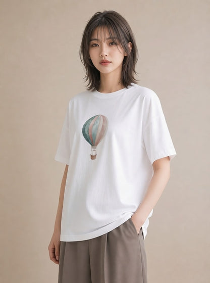Tシャツ レディース 気球 星空 宇宙 イラスト ミニマル カフェ服 クリスマス 白T YMAZO