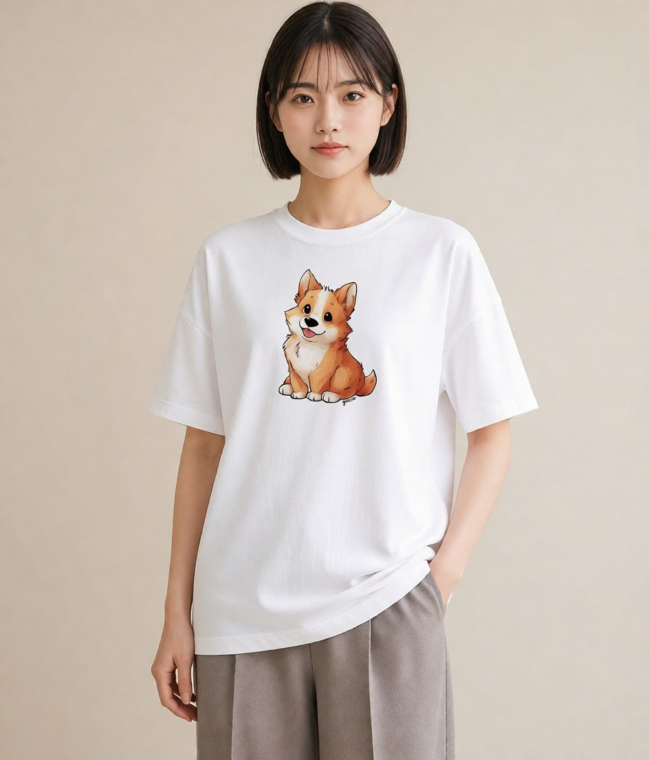 グラフィックTシャツ レディース わんこ 犬 いぬ イラスト ミニマル 送別ギフト 通勤 白T YMAZO