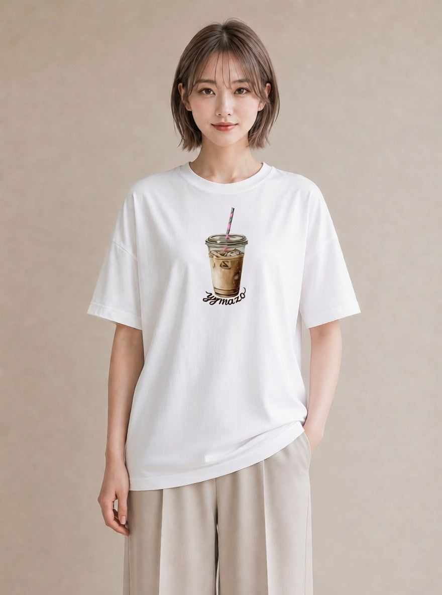 Tシャツ レディース カフェラテ 食べ物 フード イラスト 水彩風 母娘コーデ 自分用 白T YMAZO