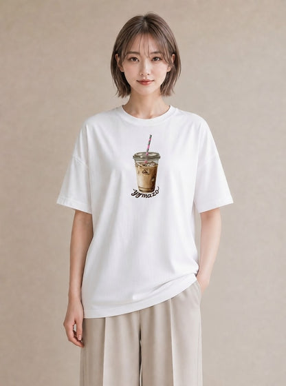 Tシャツ レディース カフェラテ 食べ物 フード イラスト 水彩風 母娘コーデ 自分用 白T YMAZO