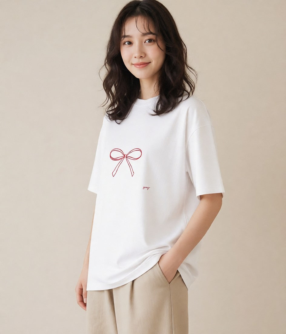プリントTシャツ レディース リボン 蝶結び ナチュラル アンティーク イラスト 線画 20代 カジュアルコーデ 白T YMAZO