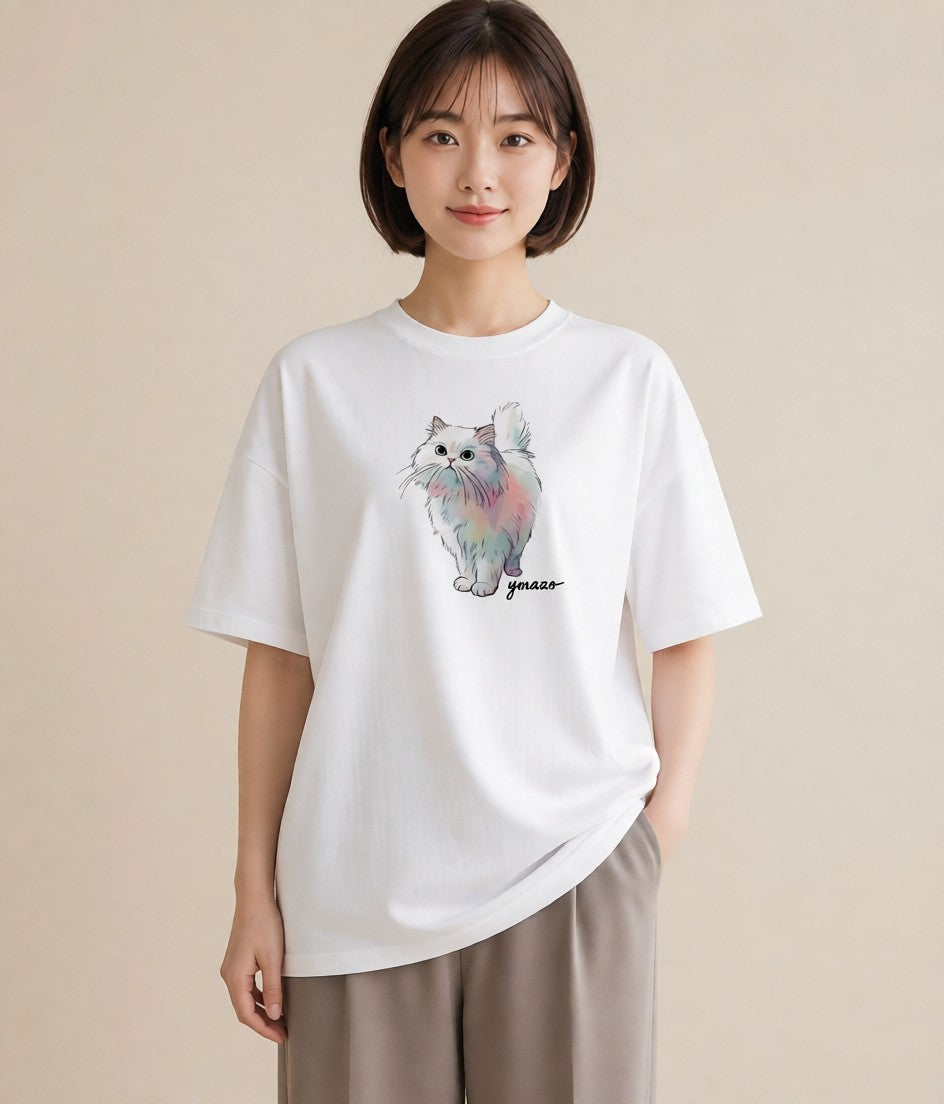 Tシャツ レディース おすわり猫 猫 ねこ イラスト モード ママ カフェ服 白T YMAZO