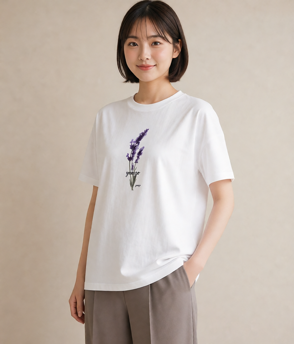 半袖Tシャツ レディース ラベンダー 花 花柄 イラスト 韓国風 綿100 デート 白T