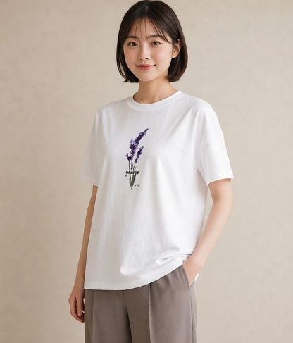 半袖Tシャツ レディース ラベンダー 花 花柄 イラスト 韓国風 綿100 デート 白T