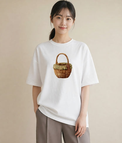 半袖Tシャツ レディース 自転車のかご 自転車 花かご ナチュラル アンティーク イラスト ゆるコーデ カフェ巡り 女子会 白T YMAZO