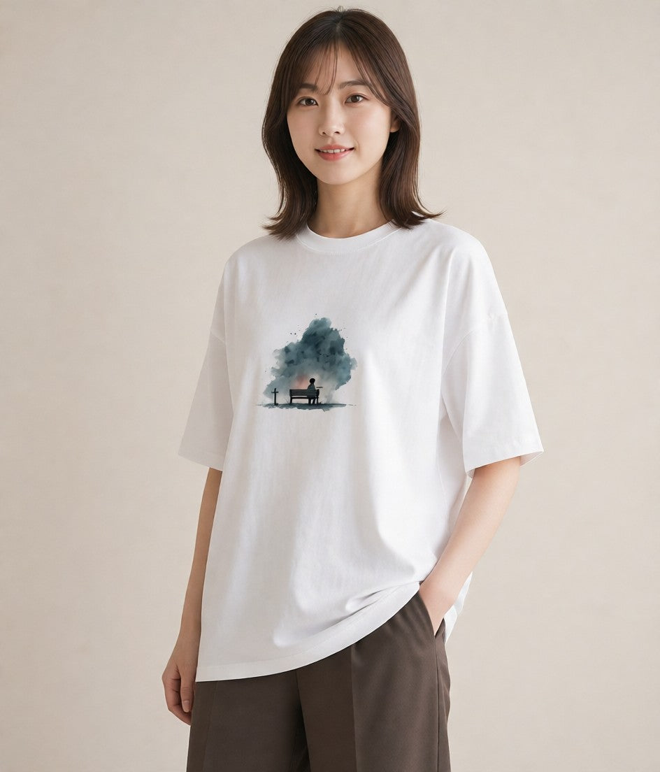 半袖Tシャツ レディース 雨上がりのベンチ ベンチ ナチュラル アンティーク イラスト 水彩風 姉妹 送別ギフト 白T YMAZO