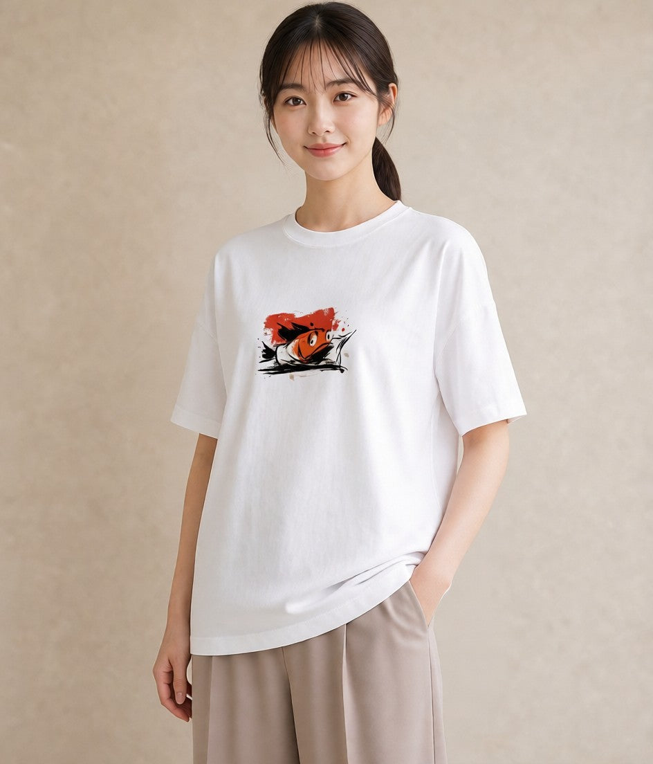 プリントTシャツ レディース 金魚 ペット 動物 イラスト きれいめ 帰省 ラフ 白T YMAZO