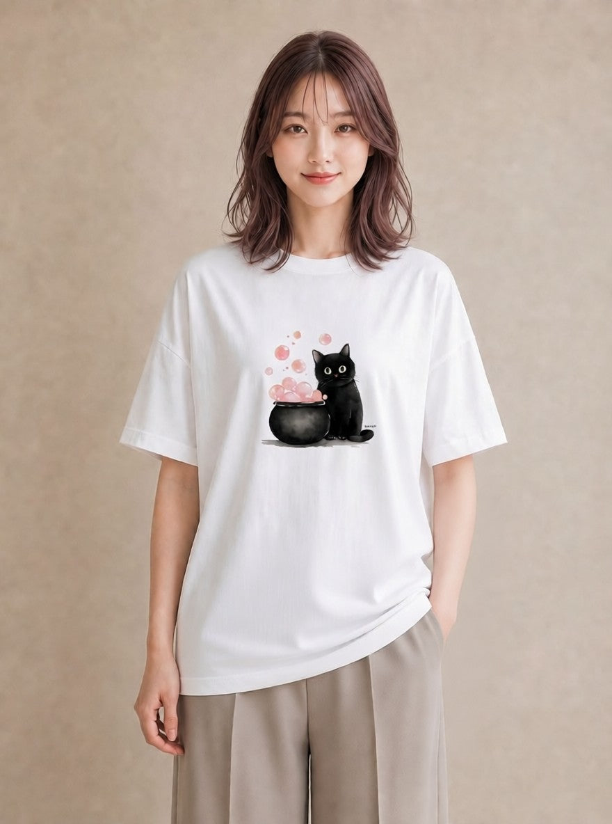 デザインTシャツ レディース ハチワレ 白黒猫 猫 ねこ イラスト 淡色 自分用 ルームウェア 白T YMAZO