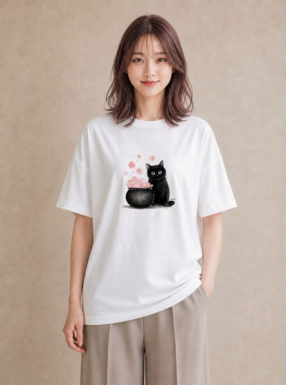 デザインTシャツ レディース ハチワレ 白黒猫 猫 ねこ イラスト 淡色 自分用 ルームウェア 白T YMAZO