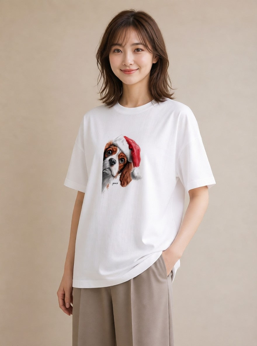 半袖Tシャツ レディース キャバリア 犬 いぬ イラスト 上品 ママ カフェ服 白T YMAZO