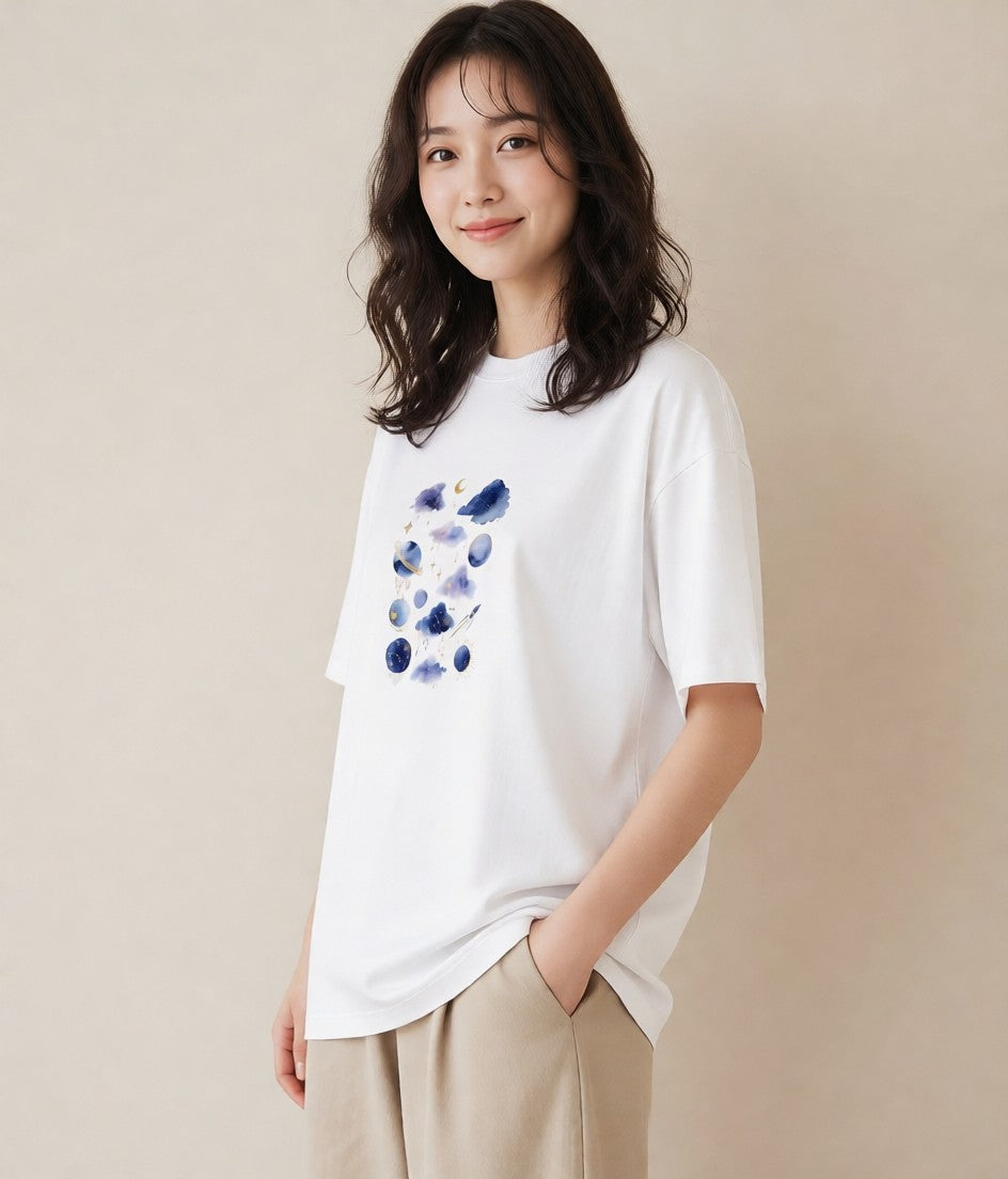 プリントTシャツ レディース 宇宙 星空 イラスト 韓国風 在宅 公園 白T YMAZO
