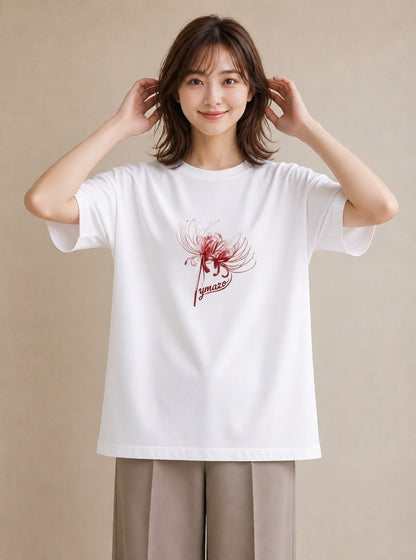デザインTシャツ レディース 彼岸花 花 花柄 イラスト きれいめ 海 カフェ巡り 白T YMAZO