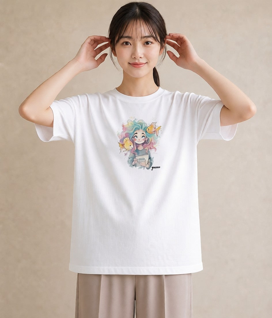 グラフィックTシャツ レディース 人魚 海の生き物 海 イラスト ガーリー 普段着 週末コーデ 白T YMAZO