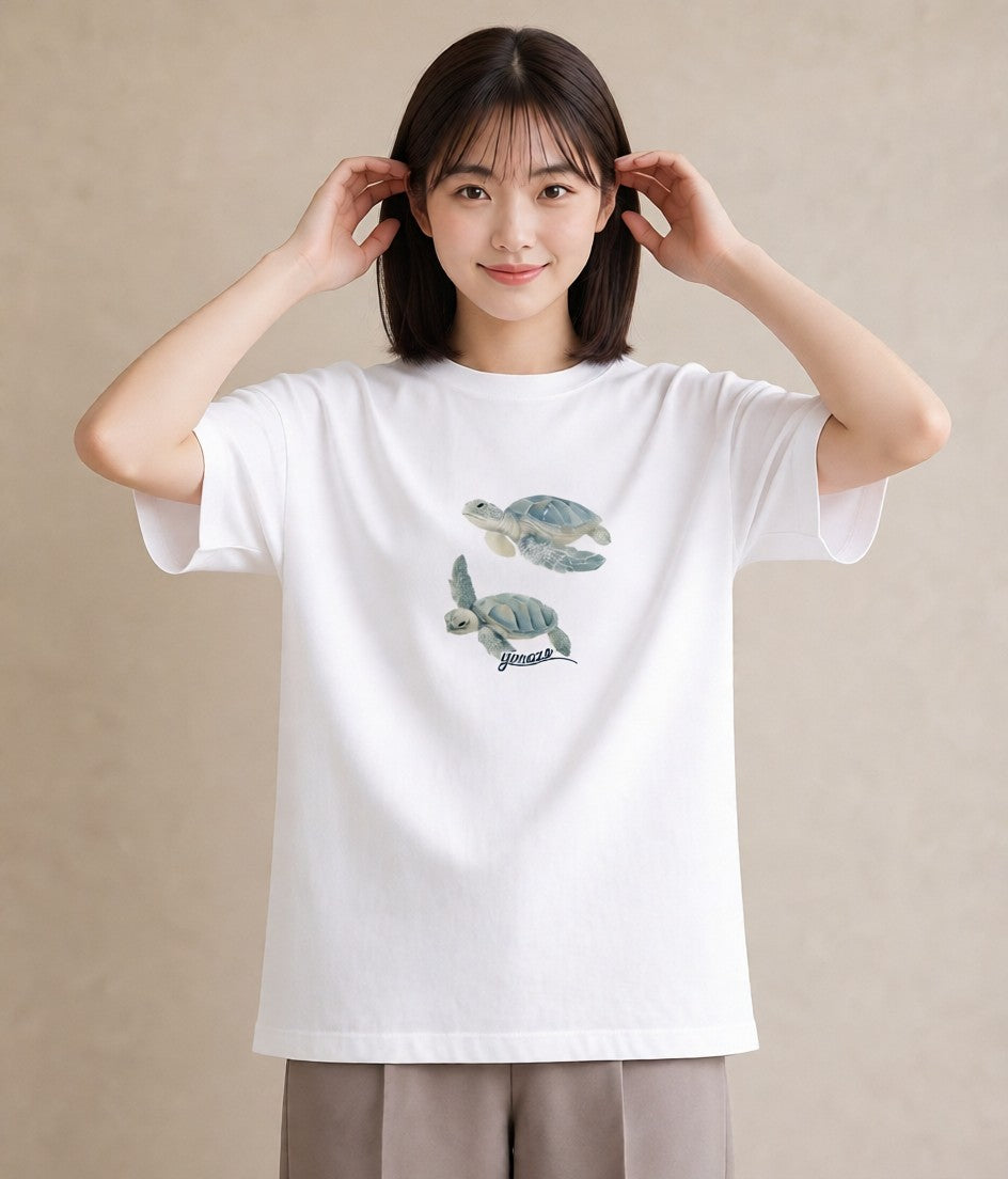 半袖Tシャツ レディース ゼニガメ ペット 動物 イラスト 親子 20代 白T YMAZO