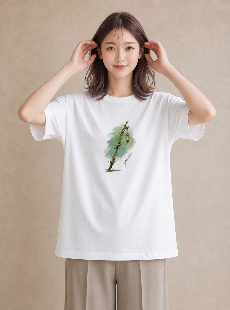 半袖Tシャツ レディース 街灯 夜霧 夜 ナチュラル アンティーク イラスト 旅行コーデ 旅行 母娘コーデ 白T YMAZO