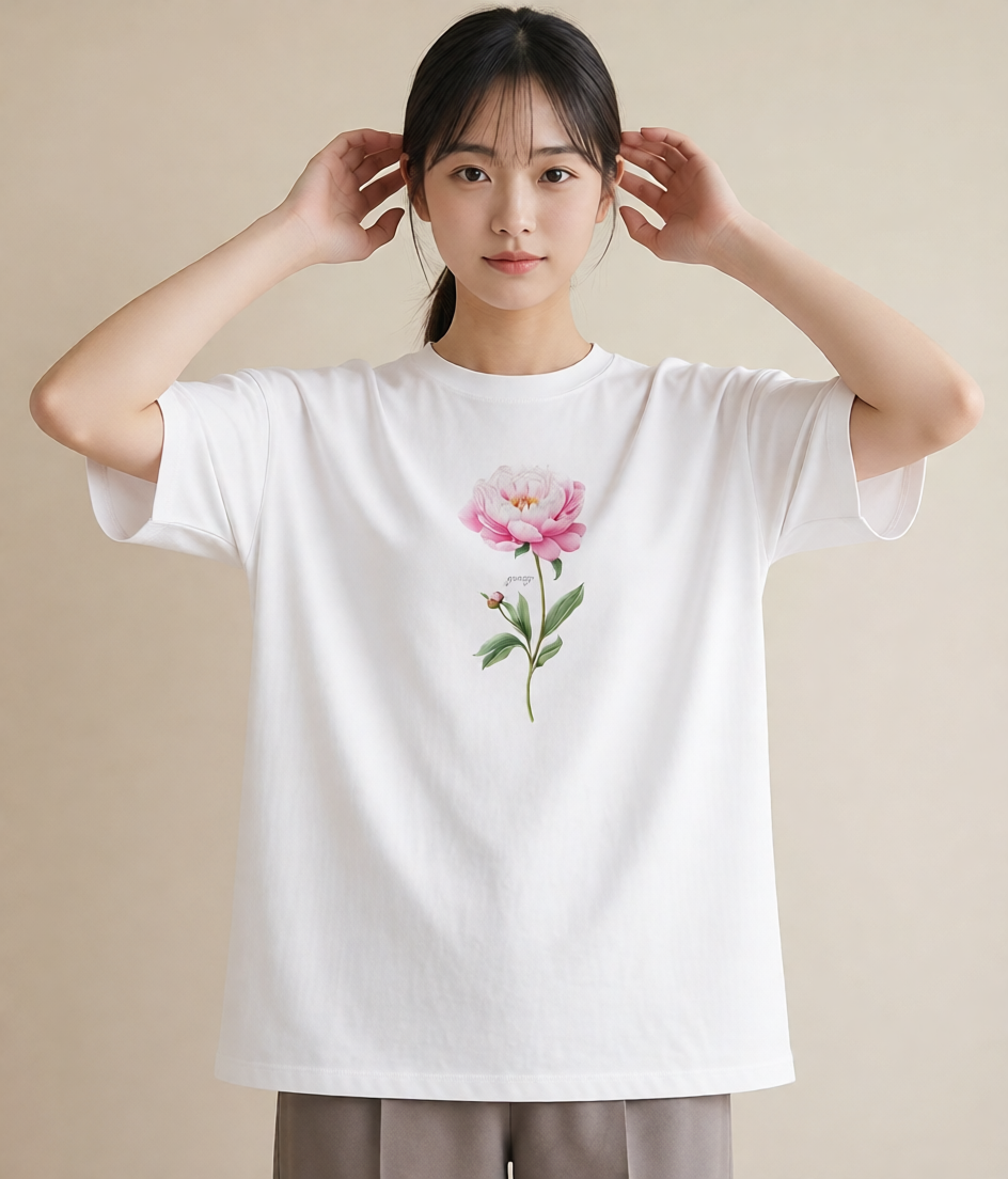 Tシャツ レディース 牡丹 花 花柄 イラスト ヴィンテージ風 母娘コーデ 自分用 白T