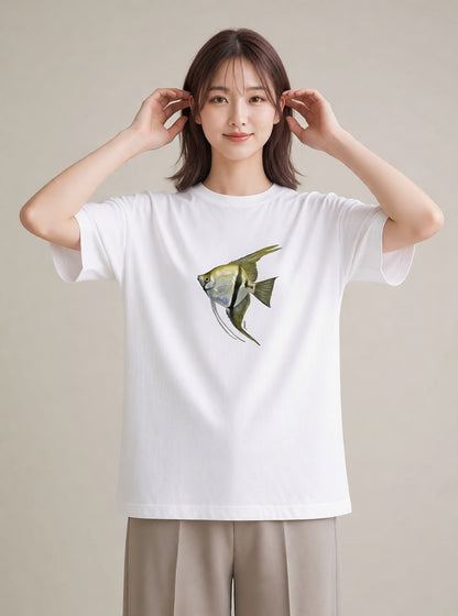 プリントTシャツ レディース 熱帯魚 海の生き物 海 イラスト 韓国風 買い物 夏コーデ 白T YMAZO