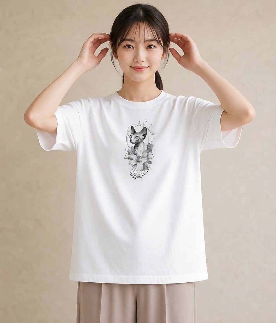 デザインTシャツ レディース スフィンクス 猫 ねこ イラスト ニュアンス デイリーウェア 休日 白T YMAZO