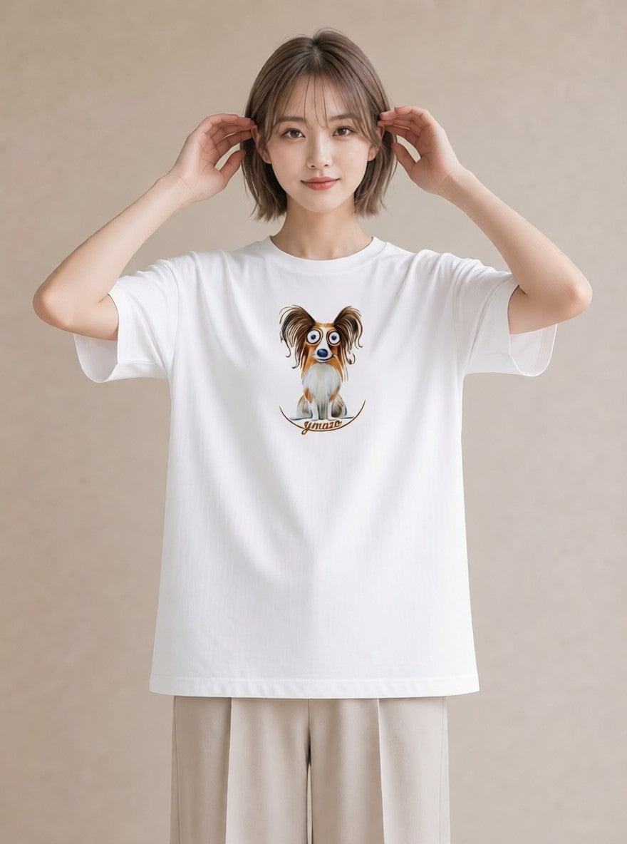 半袖Tシャツ レディース パピヨン 犬 いぬ イラスト ゆるコーデ 通勤 在宅 白T YMAZO