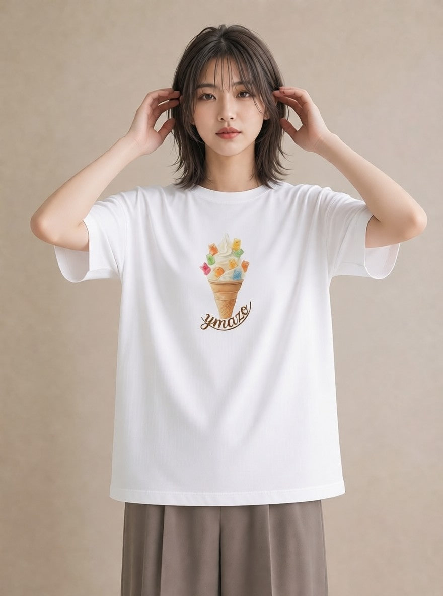 グラフィックTシャツ レディース キャンディ 食べ物 フード イラスト ラフカジュアル 綿100 デート 白T YMAZO