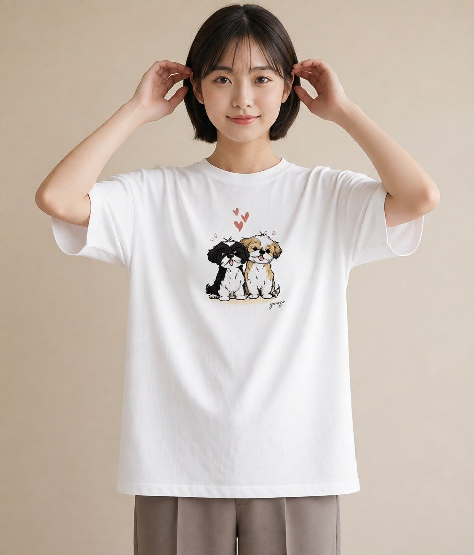 半袖Tシャツ レディース 狆 犬 いぬ イラスト ガーリー 綿100 デート 白T YMAZO