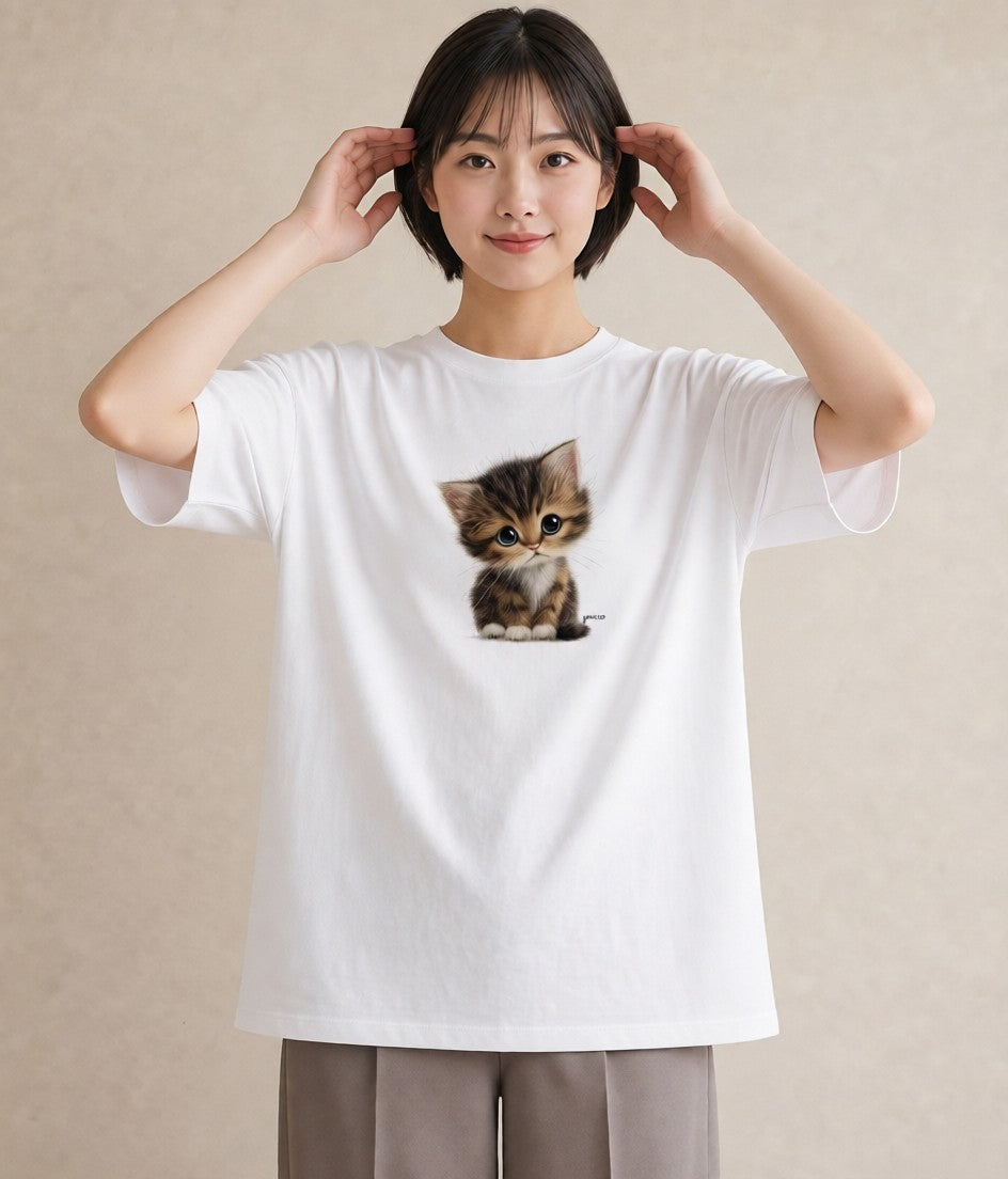 プリントTシャツ レディース 子猫 猫 ねこ イラスト こなれ感 カフェ巡り 女子会 白T YMAZO