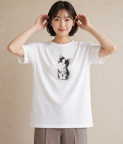 半袖Tシャツ レディース 猫 ねこ イラスト 北欧風 誕生日プレゼント 綿100 白T YMAZO