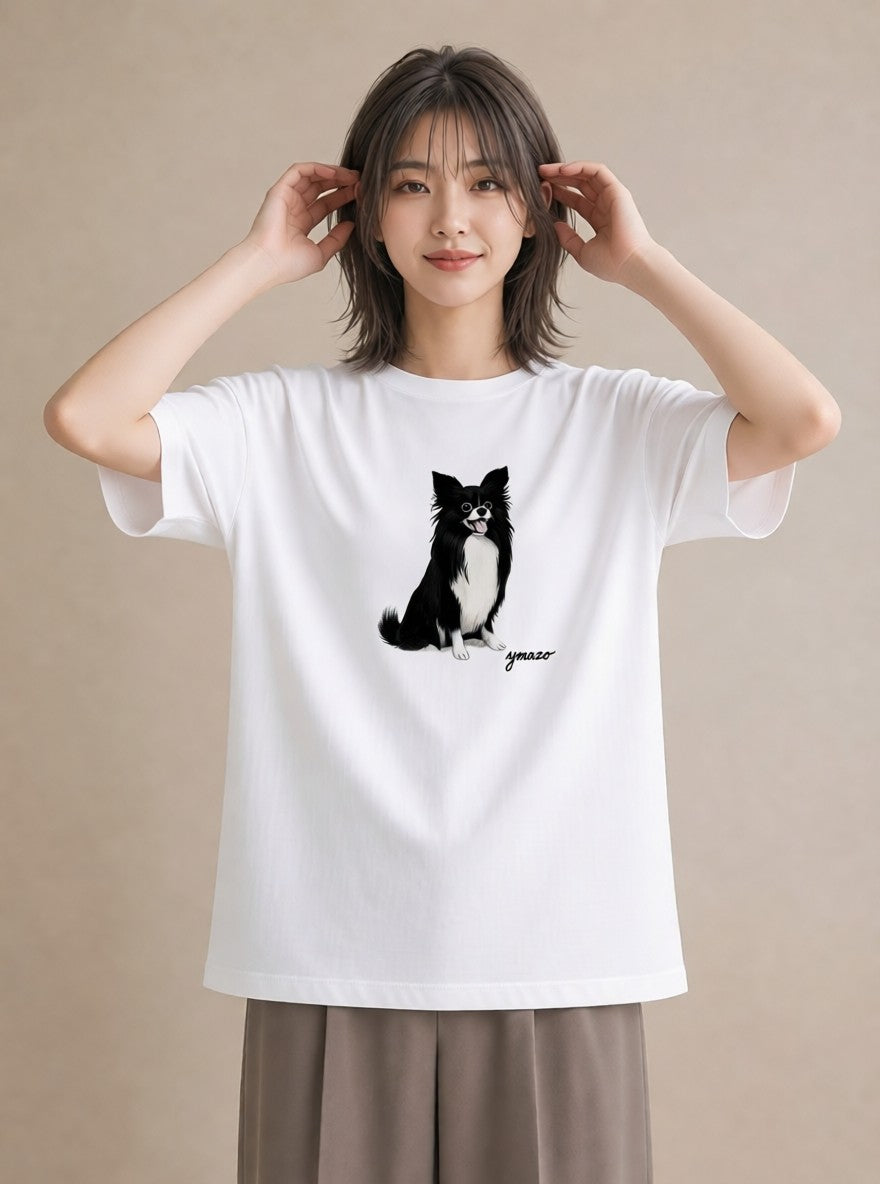 プリントTシャツ レディース ロングコートチワワ 犬 いぬ イラスト 上品 お揃い 親子 白T YMAZO