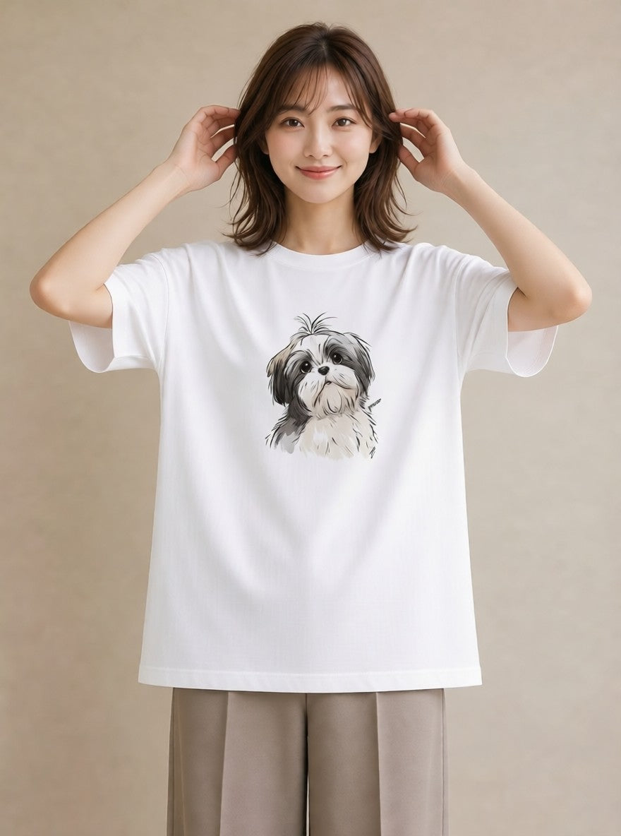 グラフィックTシャツ レディース ペキニーズ 犬 いぬ イラスト カフェコーデ ミセス 春コーデ 白T YMAZO