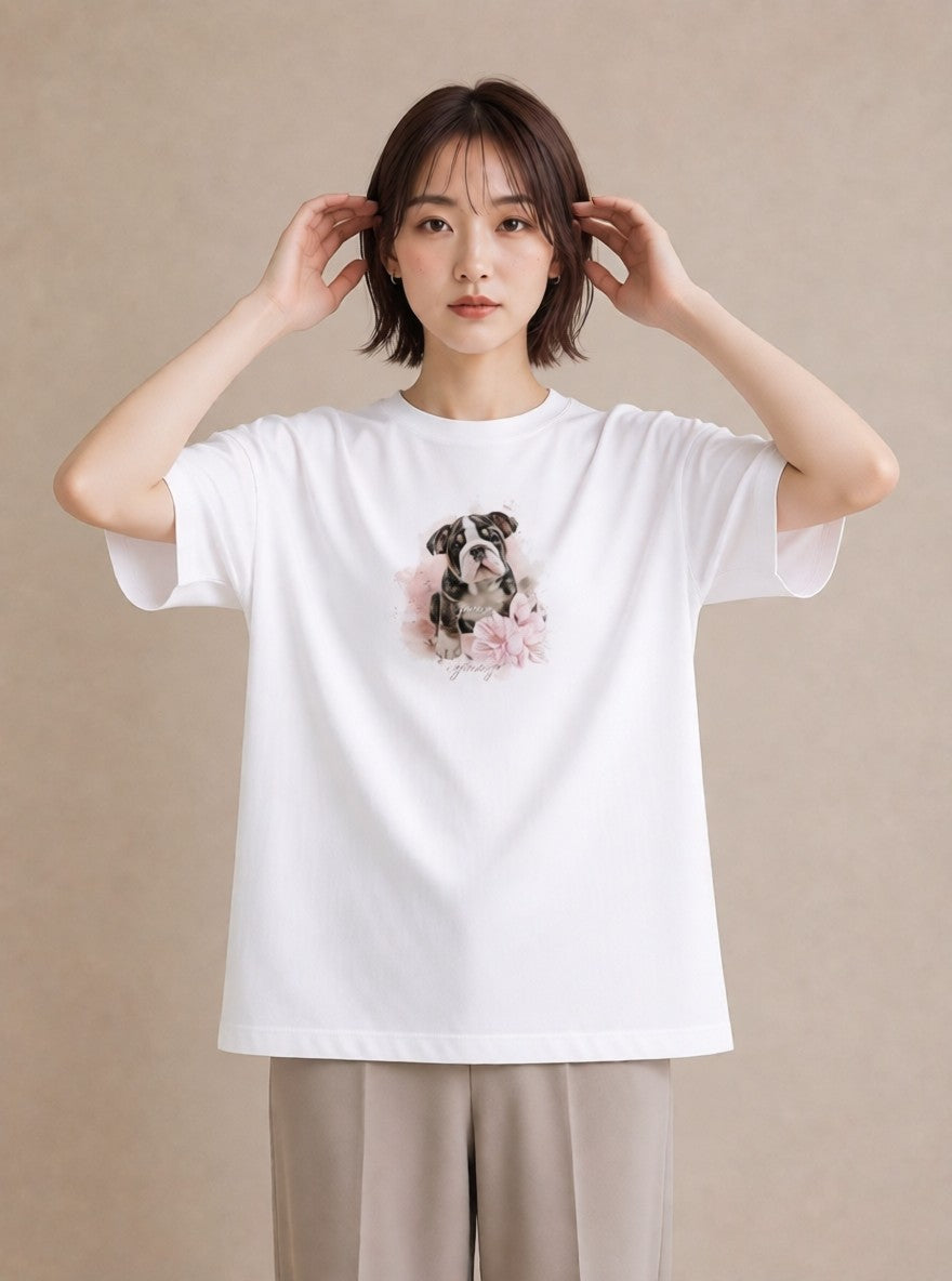 デザインTシャツ レディース 子犬 犬 いぬ イラスト 北欧風 海 カフェ巡り 白T YMAZO