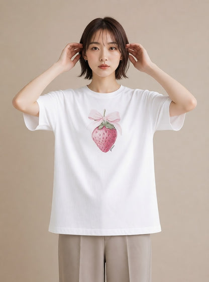 Tシャツ レディース いちご 苺 ストロベリー 食べ物 フード イラスト ミニマル ホワイトデー 春服 白T YMAZO