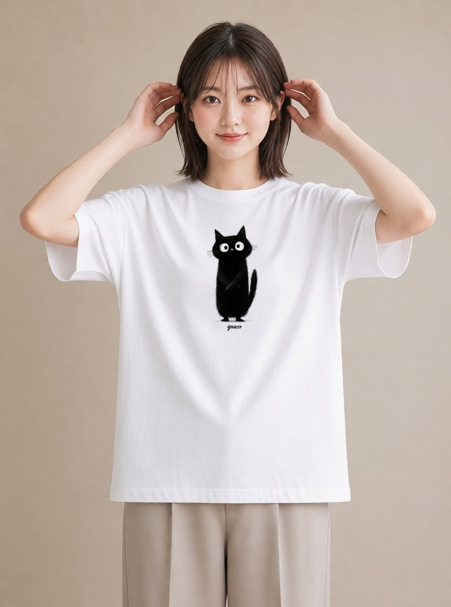 デザインTシャツ レディース 黒猫 猫 ねこ イラスト ゆるかわ 海 カフェ巡り 白T YMAZO