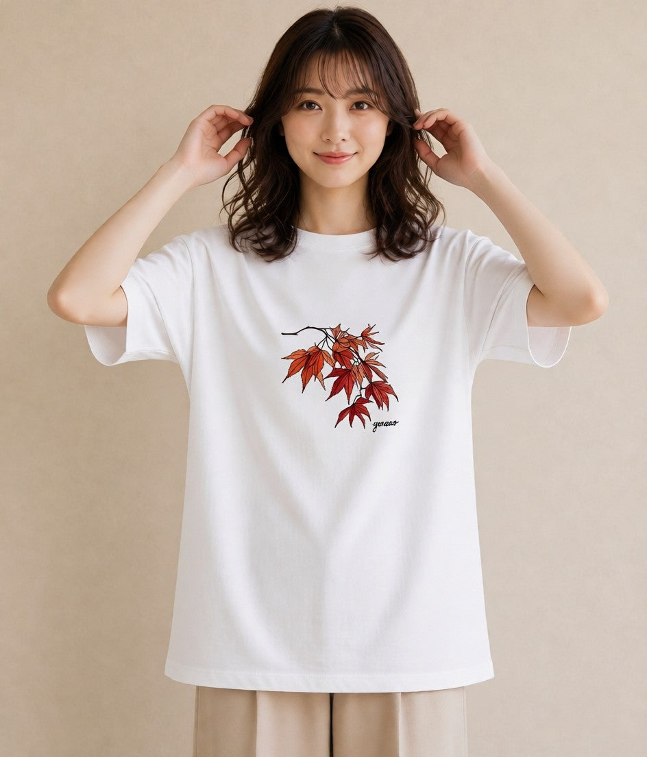半袖Tシャツ レディース 落ち葉 植物 ボタニカル イラスト 個性的 買い物 夏コーデ 白T YMAZO