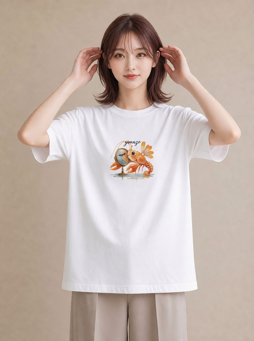 グラフィックTシャツ レディース エビ 海の生き物 海 イラスト ミニマル 綿100 デート 白T YMAZO