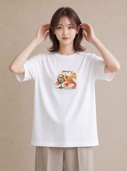 グラフィックTシャツ レディース エビ 海の生き物 海 イラスト ミニマル 綿100 デート 白T YMAZO